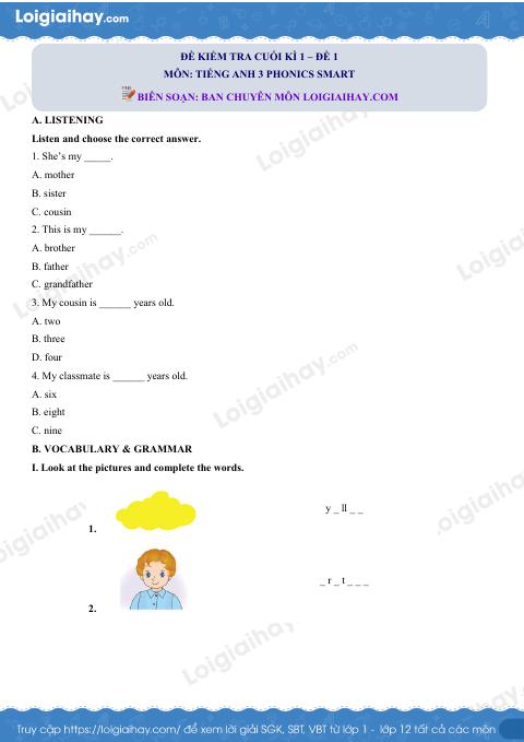Đề thi học kì 1 Tiếng Anh 3 Phonics Smart - Đề số 1